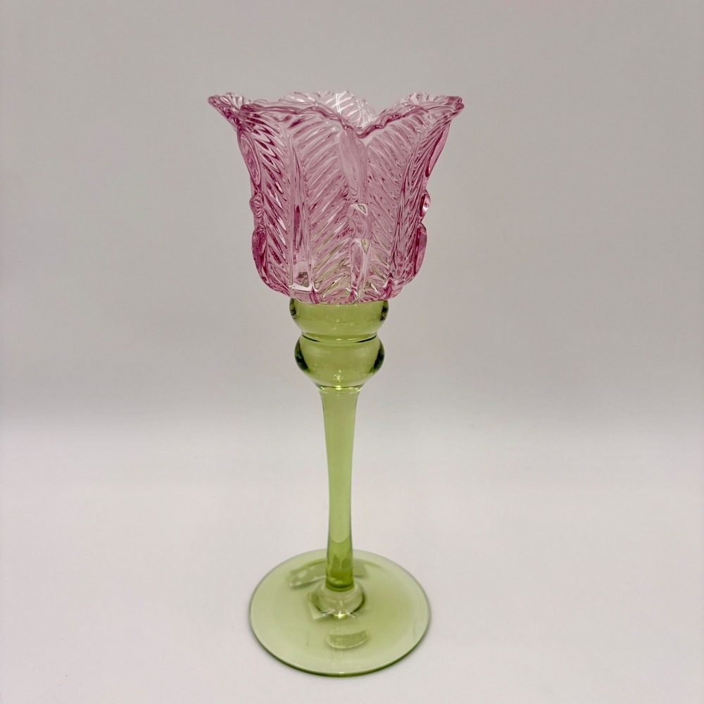 Pink and Green Tulip Art Glass Tea Light Candle Holder Floral Feathered Design